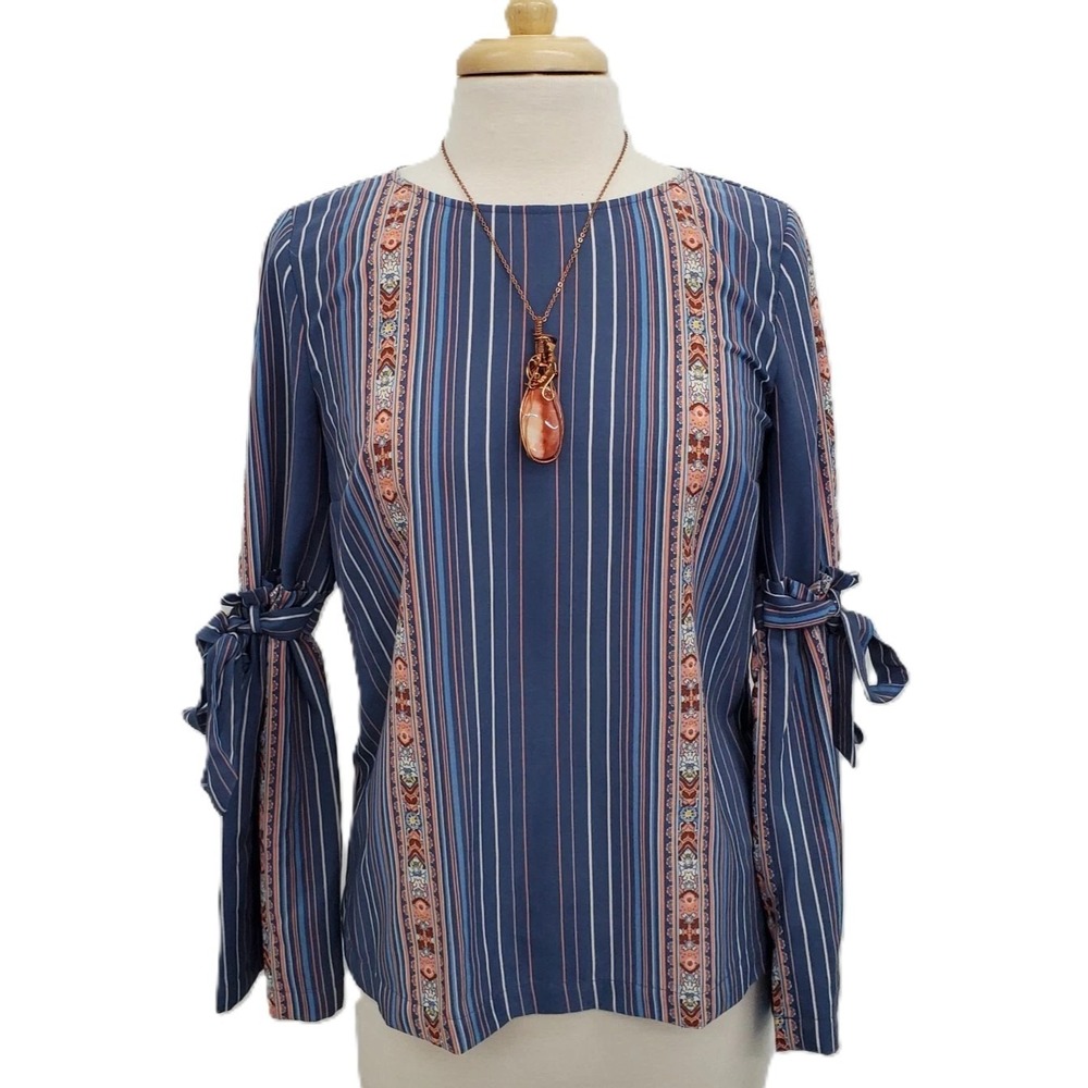 LC Lauren Conrad Womens S Blue Striped Boho Tie Sleeve Blouse Top